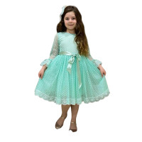 Δαντελένιο γαλλικό φόρεμα με αγκράφα για κορίτσια (Πράσινο Χρώμα)(Aποτελείται από 2 τεμ.)