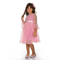 Δαντελένιο γαλλικό φόρεμα με αγκράφα για κορίτσια (Ροζ Χρώμα)(Aποτελείται από 2 τεμ.)