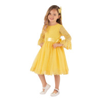 Δαντελένιο γαλλικό φόρεμα με αγκράφα για κορίτσια (Κίτρινο Χρώμα)(Aποτελείται από 2 τεμ.)