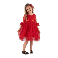 Δαντελένιο γαλλικό φόρεμα με αγκράφα για κορίτσια (Κόκκινο Χρώμα)(Aποτελείται από 2 τεμ.)